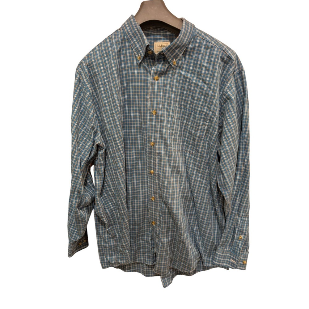 LL Bean  Long Sleeve Button Down‎ Shirt Teal Plaid Size XL Regular 100% Cotton